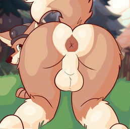 all_fours anthro anus ass_up balls bodily_fluids brown_body butt first_person_view from_behind_position fur genitals looking_at_viewer male perspective sex smile solo sweat tail dinim epic_games fortnite wendell_(fortnite) canid canine canis mammal wolf absurd_res hi_res