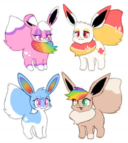 alternate_form ambiguous_gender blue_body blue_fur chibi eyewear female feral fur glasses hair multicolored_hair pink_body pink_fur rainbow_hair simple_background smile solo sparklefur white_background white_body white_fur clockstops3am conditional_dnp nintendo pokemon fan_character canid eevee generation_1_pokemon mammal pokemon_(species) colorful_theme multiple_images