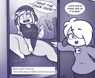 after_masturbation anthro big_breasts bodily_fluids bottom_heavy breasts caught_in_the_act caught_masturbating clothed clothing covering covering_crotch curvy_figure dialogue duo female femboy genital_fluids gesture hand_gesture huge_thighs interrupted interrupted_masturbation male masturbation older_sister pointing pointing_at_another profanity sex_toy shirt text text_on_clothing text_on_shirt text_on_topwear thick_thighs topwear vaginal_fluids vibrator younger_brother pkfirefawx two_soyjaks_pointing nikki_(pkfirefawx) niko_(pkfirefawx) canid canine canis domestic_dog mammal digital_drawing_(artwork) digital_media_(artwork) english_text hi_res monochrome brother_(lore) brother_and_sister_(lore) sibling_(lore) sister_(lore)