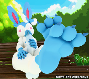 3_toes 5_fingers accessory anthro balls barefoot bench big_balls big_penis blue_body bodily_fluids bow_(feature) bow_accessory bow_ribbon claws cum detailed_background erection feet femboy finger_claws fingers foot_fetish foot_focus fur genital_fluids genitals hair_accessory hair_bow hair_ribbon hand_on_leg hand_on_thigh holding_penis huge_balls huge_penis humanoid_genitalia humanoid_penis looking_at_viewer male multicolored_body nude outside paws penis pink_eyes plant plantigrade precum ribbons soles solo text toe_claws toes two_tone_body white_body kawa_the_asparagus nintendo pokemon animal_humanoid eeveelution generation_6_pokemon humanoid mammal pokemon_(species) shiny_pokemon sylveon 3d_(artwork) absurd_res digital_media_(artwork) hi_res