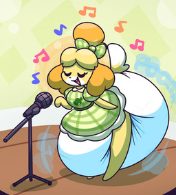 accessory alternative_fashion anthro big_diaper bow_ribbon clothed clothing country_lolita dancing diaper diaper_fetish dress electronics eyes_closed female fluffy fluffy_tail frilly frilly_clothing frilly_dress fur hair_accessory hair_bow hair_ribbon huge_diaper hyper_diaper j-fashion lolita_(fashion) microphone microphone_stand musical_note musical_symbol open_mouth poof ribbons singing solo symbol tail wearing_diaper white_body white_fur yellow_body yellow_fur dummydoodles animal_crossing nintendo isabelle_(animal_crossing) canid canine canis domestic_dog mammal shih_tzu toy_dog hi_res