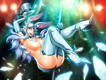 abstract_background armwear big_breasts blue_eyes boots breasts butt clothing dancing elbow_gloves female footwear gloves hair handwear hat headgear headwear high_heeled_boots high_heels legwear long_hair looking_at_viewer open_mouth pole pole_dancing shoes simple_background solo thigh_boots thigh_highs top_hat white_hair reiq sponty animal_humanoid human humanoid lagomorph lagomorph_humanoid leporid_humanoid mammal mammal_humanoid rabbit_humanoid 2014 4:3