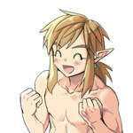 5_fingers blonde_hair blush ear_piercing ear_ring fingers hair humanoid_pointy_ears light_body light_skin male muscular muscular_humanoid muscular_male not_furry nude open_mouth open_smile piercing pointy_ears ring_piercing simple_background smile solo monbetsu_kuniharu nintendo the_legend_of_zelda link elf humanoid hylian 1:1 2022