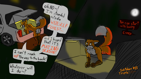 annoyed anthro butt car dialogue forest forest_background fur male moon nature nature_background night nude_male offscreen_character orange_body orange_fur plant presenting presenting_hindquarters propositioning solo text tree vehicle white_body white_fur lwmoon inktober_2025 canid canine fox mammal 16:9 2025 comic english_text hi_res widescreen