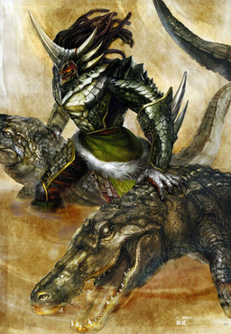 5_fingers abstract_background all_fours ambiguous_feral ambiguous_gender arm_spikes armor armwear biped bottomwear brown_body brown_scales claws clothed clothed_humanoid clothed_male clothing dominant dominant_male dreadlocks feral fingers flowing_hair fully_clothed fully_clothed_humanoid fully_clothed_male green_body green_scales group hair holding_another horn humanoid_focus legwear long_tail looking_at_viewer male male_focus male_humanoid multi_horn nape_grabbing no_pupils open_mouth pose scales sharp_teeth shoulder_spikes skindentation spiked_armwear spikes spikes_(anatomy) swamp tail teeth text topwear vambrace unknown_artist dynasty_warriors koei_tecmo warriors_(game_series) wei_yan crocodile crocodilian horned_humanoid humanoid reptile scalie 2008 colored detailed japanese_text official_art painting_(artwork) portrait shaded three-quarter_portrait traditional_media_(artwork) traditional_painting_(artwork) translated