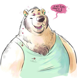anthro bite_mark bodily_fluids clothing dialogue drooling ear_piercing hypnosis male mind_control open_mouth piercing ringed_eyes saliva shirt simple_background smile solo speech_bubble submissive submissive_male tank_top text topwear white_background dramamine bear mammal 2019 english_text hi_res