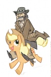 blonde_hair clothing cowboy_hat cutie_mark duo eyes_closed female feral freckles green_eyes hair hat headgear headwear male open_mouth riding simple_background straddling teeth what white_background russiandragon friendship_is_magic hasbro my_little_pony red_dead_(series) rockstar_games applejack_(mlp) john_marston earth_pony equid equine horse human mammal pony 2011 crossover