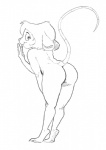 anthro bent_over biped buckteeth butt claws feet hair hand_to_mouth looking_back nude raised_tail rear_view short_hair simple_background smile solo tail teeth white_background smekbo endtown holly_hollister mammal mouse murid murine rodent black_and_white hatching_(art) monochrome shaded