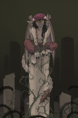 anthro black_hair clothing facial_piercing female flat_chested hair hat headgear headwear horn ivy_(plant) looking_at_viewer membrane_(anatomy) membranous_wings nose_piercing nose_ring piercing ring_piercing smile solo tail teeth wings yellow_eyes shuuko deadlock_(game) valve valve_corporation ivy_(deadlock) gargoyle hi_res