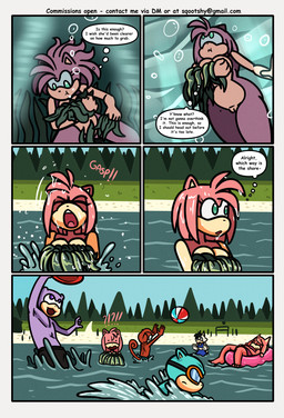 anthro belly big_breasts breasts brown_body brown_fur clothing covering covering_breasts covering_self evergreen_tree exclamation_point eyewear female forest frisbee fur genitals goggles grey_body grey_fur group hair holding_breath lake male nude nude_anthro nude_female pine_tree pink_body pink_fur pink_hair pink_quills plant pool_float pool_floaty purple_body purple_fur question_mark quills_(anatomy) seaweed surprised swimming swimming_trunks swimwear tan_arms tan_belly tan_breasts tan_hands tan_mouth text thought thought_bubble thoughts tree underwater vulva water himitsu sqootshy sega sonic_the_hedgehog_(series) the_murder_of_sonic_the_hedgehog amy_rose conductor's_wife_(sonic) fan_character akita bear canid canine canis domestic_dog eulipotyphlan haplorhine hedgehog mammal monkey primate procyonid raccoon spitz 2026 absurd_res comic english_text hi_res multiple_scenes