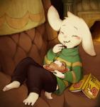 4_toes anthro barefoot biped blush book clothed clothing eating eyes_closed feet fur furniture sofa solo toes totes_adorbs white_body white_fur young young_anthro totatetta undertale undertale_(series) asriel_dreemurr boss_monster_(undertale) bovid caprine mammal hi_res