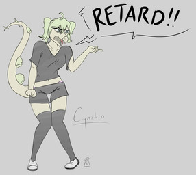 ableist_slur anthro blue_eyes bottomwear clothing dialogue female fist gesture green_body green_hair green_scales hair hand_gesture hotpants knee_highs knock-kneed legwear long_tail navel open_mouth pigtails plantigrade pointing scales shirt shorts simple_background slur snout solo spiked_tail spikes spikes_(anatomy) standing stockings tail tail_plates text thigh_gap tongue topwear salt40746598 cavemanon_studios snoot_game cynthia_(snoot_game) dinosaur ornithischian prehistoric_species reptile scalie stegosaurian stegosaurus thyreophoran colored english_text