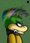 blue_eyes eyebrow_piercing eyebrows facial_markings facial_piercing green_background green_body hair head_markings markings mohawk multicolored_hair muzzle_(marking) neckwear piercing sharp_teeth side_view simple_background snout snout_markings teeth yellow_body renee-moonveil mario_bros nintendo iggy_koopa koopaling koopa scalie 2015 bust_portrait portrait