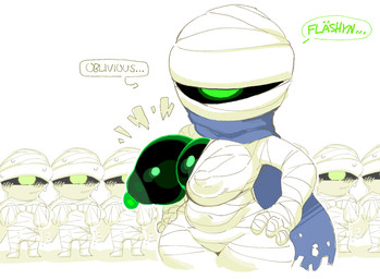 1_eye areola bar_emanata big_breasts black_body black_skin blue_cape blue_clothing blush bodily_fluids breasts bulge cape clothing dialogue emanata erection erection_under_clothing female flashing glowing glowing_body glowing_eyes glowing_skin green_body green_skin group hand_on_hip index_to_index kerchief male mummy_wrappings navel_outline nipple_outline nipples oblivious one_breast_out simple_background small_waist speech_bubble sweat sweatdrop text thick_thighs torn_cape torn_clothing white_background wide_hips goatboydraws nuclear_throne rebel_(nuclear_throne) humanoid mummy undead 2025 digital_media_(artwork) english_text hi_res shaded