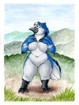 anthro breasts featureless_breasts featureless_crotch female hill navel non-mammal_breasts non-mammal_navel overweight overweight_anthro overweight_female solo thick_thighs wide_hips bigladydragon avian bird blue_jay corvid jay_(bird) new_world_jay oscine passerine