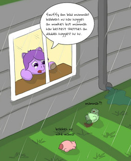 abuse ambiguous_gender baby_talk bodily_fluids building crying dialogue eyes_closed featureless_crotch feces feral fur grass green_body green_fur group hair hooves house looking_at_another lying neonate on_back open_mouth outside pink_body pink_fur plant purple_body purple_eyes purple_fur purple_hair raining red_tail sad tail tears text trio window young young_ambiguous young_feral carpdime fluffy_pony fluffy_pony_(species) mammal digital_media_(artwork) english_text intralingual_translation