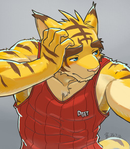 anthro blue_eyes blush brown_body brown_fur brown_stripes clothing countershade_arms countershade_face countershade_torso countershading fur grey_background male multicolored_body multicolored_fur muscular muscular_anthro muscular_male pink_nose red_clothing red_shirt red_tank_top red_topwear shirt simple_background solo striped_body striped_fur stripes tail tan_body tan_countershading tan_fur tank_top topwear yellow_body yellow_fur brankas morenatsu torahiko_ooshima felid mammal pantherine tiger 2025 absurd_res dated hi_res