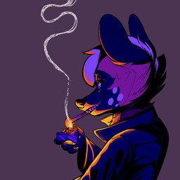 anthro cheek_tuft cigarette cigarette_in_mouth clothed clothing facial_tuft fire fur grin jacket lighter looking_at_viewer markings object_in_mouth side_view smile smoke smoking solo spots spotted_body spotted_fur teeth topwear tuft juantriforce milo_(juantriforce) african_wild_dog canid canine mammal 1:1 animated digital_media_(artwork) half-length_portrait portrait