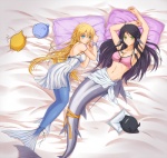 bare_shoulders bed_sheet black_hair blonde_hair blue_eyes female fish_tail green_eyes hair head_fins hi_res long_hair looking_at_viewer lying mermaid midnight_(artist) monster monster_girl no_feet on_back on_side pajamas pillow raised_arm
Rating: Safe
Score: 13
User: AnacondaRifle
Date: November 25, 2012
