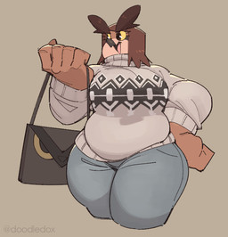 5_fingers anthro beak belly big_belly big_breasts breasts brown_background brown_body brown_eyebrows brown_eyes brown_feathers brown_hair clothing eyebrows eyelashes feathers female fingers front_view grey_clothing grey_sweater grey_topwear hair hand_on_hip holding_object holding_purse huge_breasts huge_thighs non-mammal_breasts open_beak open_mouth open_smile overweight overweight_anthro overweight_female pattern_clothing pattern_sweater pattern_topwear purse simple_background smile solo sweater thick_eyebrows thick_thighs topwear turtleneck voluptuous_anthro voluptuous_female wide_hips yellow_sclera doodledox beatrice_(doodledox) avian bird owl 2025 portrait three-quarter_portrait watermark