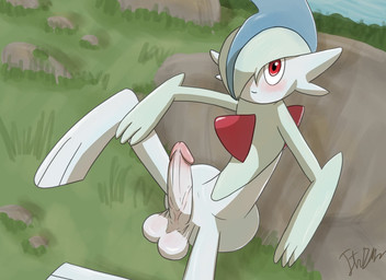 albino blush erection genitals hair humanoid_genitalia humanoid_penis looking_at_viewer male penis relaxing rock sitting sitting_on_ground smile solo thick_calves thin_thighs wide_hips itszabba nintendo pokemon gallade generation_4_pokemon pokemon_(species)
