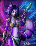 anthro armor blue_body blue_fur blue_hair breasts cleavage clothed clothing collar female fur green_eyes hair jewelry melee_weapon navel necklace polearm purple_body purple_fur purple_hair skimpy solo staff tattoo unconvincing_armor weapon white_body white_fur penmark nintendo star_fox krystal_(star_fox) canid canine fox mammal 4:5 distracting_watermark watermark