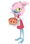 anthro apron blue_body blue_skin blush clothing eyelashes female food hair looking_at_viewer open_mouth pastry pie pink_hair solo thin_calves yellow_eyes unknown_artist amphibia_(series) disney maddie_flour amphibian frog hi_res