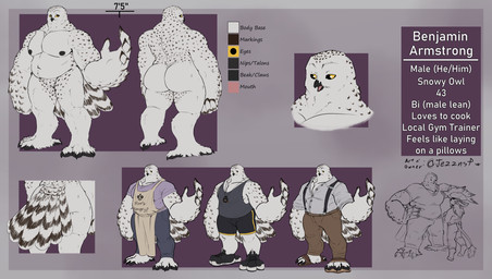 anthro apron beak black_bottomwear black_clothing black_nipples black_shorts bottomwear brown_bottomwear brown_clothing brown_pants clothed clothing feathers featureless_crotch front_view grey_clothing grey_topwear male muscular muscular_anthro muscular_male nipples nude open_mouth overweight overweight_anthro overweight_male pants rear_view shorts simple_background solo standing text topwear white_body white_feathers yellow_eyes jezzlen benjamin_(jezzlen) avian bird owl english_text hi_res model_sheet signature