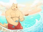 anthro boat clothed clothing happy holding_fish male partially_clothed sea solo splashing_water swimming vehicle water watercraft cheese12367 unknown_character canid canine canis mammal wolf hi_res