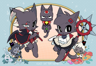2_horns 3_eyes ambiguous_anthro ambiguous_gender anthro bell bell_collar bone collar flower fur grey_body grey_fur grey_tail group holding_object holding_weapon horn looking_at_viewer multi_eye plant tail weapon white_body white_fur white_wool wool_(fur) 2_3up cult_of_the_lamb massive_monster_(studio) aym_(cult_of_the_lamb) baal_(cult_of_the_lamb) goat_(cult_of_the_lamb) lamb_(cult_of_the_lamb) narinder bovid caprine domestic_cat felid feline felis goat mammal sheep 2026 digital_drawing_(artwork) digital_media_(artwork) hi_res brother_(lore) brothers_(lore) male_(lore) sibling_(lore)