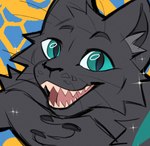 ambiguous_gender anthro blue_eyes cheek_tuft claws facial_tuft fur glistening glistening_eyes grey_body grey_claws grey_ears grey_fur grey_inner_ear_fluff inner_ear_fluff looking_at_viewer monotone_body monotone_fur open_mouth open_smile pink_tongue pupils sharp_teeth slit_pupils smile solo teeth tongue tuft famir felid mammal hi_res