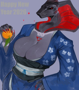 5_fingers annoyed anthro apode asian_clothing big_breasts black_body black_clothing black_obi black_sclera blue_clothing blue_kimono blue_obijime breasts chest_markings claws cleavage clothed clothing east_asian_clothing exoskeleton female fingers floral_pattern food fruit glowing glowing_claws glowing_eyes glowing_hood glowing_markings glowing_symbol grey_background grey_body grey_breasts hand_on_hip hand_on_own_hip holding_food holding_fruit holding_object huge_breasts japanese_clothing kimono legless long_claws looking_aside_at_viewer markings metallic_body non-mammal_breasts obi obijime pattern_clothing pattern_topwear plant red_claws red_eyes red_markings ridged_mouth serpentine simple_background snake_hood solo sparkles symbol_on_chest tangerine_(fruit) text topwear lbt9000 new_year_2026 xen_(xenthetechnomorph) cobra draconcopode naga reptile robot_anthro scalie snake snake_naga 2025 absurd_res digital_media_(artwork) digital_painting_(artwork) english_text hi_res painting_(artwork) trans_(lore) trans_woman_(lore)