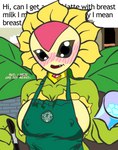 apron apron_only blush breasts clothed clothing container cup cute_fangs dialogue dialogue_box fangs female flower green_apron green_clothing holding_container holding_cup holding_object holding_pen looking_at_viewer mostly_nude not_furry pen plant repeated_text seductive side_boob side_view simple_background solo sunflower teeth text anonymous_artist bandai_namco digimon i_mean_breast_milk meme_clothing digimon_(species) elemental_creature elemental_humanoid flora_fauna flower_creature flower_humanoid humanoid plant_humanoid sunflowmon absurd_res alpha_channel english_text hi_res meme