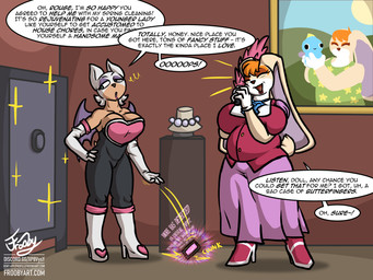 anthro big_breasts breasts cleaning_tool clothed clothing distraction dropping_object dropping_phone duo electronics eyeshadow feather_duster female footwear fur gem gloves hair handwear jewelry makeup necklace necktie oblivious painting_(object) pearl_(gem) pearl_necklace phone reality_shift safe_(container) smile tail text topwear transformation unaware_transformation wings frooby sega sonic_the_hedgehog_(series) rouge_the_bat vanilla_the_rabbit bat chao_(sonic) lagomorph leporid mammal rabbit 4:3 absurd_res digital_media_(artwork) english_text hi_res signature url