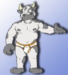 anthro barefoot black_body black_fur blue_background briefs briefs_only clothed clothing colored_seam_underwear detailed_background feet fur gradient_background green_eyes grey_body grey_fur male markings navel nipples orange_seam_briefs orange_seam_underwear overweight overweight_male simple_background solo spots spotted_markings tighty_whities topless underwear underwear_only white_briefs white_clothing white_underwear brucebadger benedict_(brucebadger) bovid bovine cattle mammal