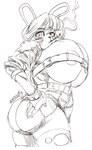 anthro areola areola_slip belt_bra big_breasts big_butt bottomwear breasts butt butt_pose cigarette cigarette_smoke clothed clothing eyebrow_through_hair eyebrows female hair huge_breasts hyper hyper_breasts open_clothing open_topwear pose shorts smoke smoking smoking_cigarette solo topwear translucent translucent_hair goudadunn maddy_(bulumble-bee) lagomorph leporid mammal rabbit 2017 absurd_res dated hi_res monochrome portrait signature sketch three-quarter_portrait