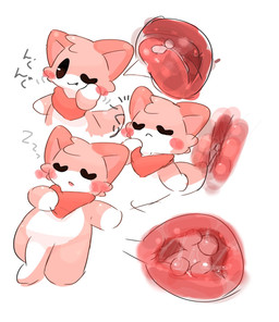 anthro belly blush in_throat kerchief mouth_play neckerchief neckwear oral_vore pink_body pink_ears red_kerchief red_neckerchief simple_background sleeping vore white_background white_belly white_paws melmoku anon hi_res