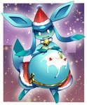 3_fingers 3_toes alternate_version_at_source ambiguous_gender anthro arm_markings bell bell_collar belly big_belly black_nose blue_body blue_ears blue_markings blue_sclera blue_tail blush bodily_fluids border christmas christmas_clothing christmas_headwear clothing collar cutlery dessert eeveelution emanata feet fingers food foot_markings fruit generation_4_pokemon glaceon hand_on_belly hand_on_own_belly hands_on_belly hat headgear headwear hi_res holding_object holidays ice_cream kitchen_utensils leg_markings looking_down markings motion_lines navel nintendo open_mouth plant pokemon pokemon_(species) pupils purple_background ravinosuke1 ribbons santa_hat simple_background small_nose solo spilled_food spoon strawberry sweat sweatdrop tail toes tools white_border white_pupils