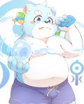 anthro blue_body blue_eyes blue_fur blush bulge clothing fur male nipples obese overweight overweight_anthro overweight_male solo swimwear tongue tongue_out water white_body white_fur young young_anthro 10_cosmo_24 bonasiah full_attack sophring_hao bear mammal 2021 hi_res