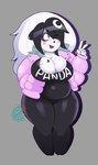 absurd_res anthro bear belly big_belly black_hair blush breasts cleavage clothed clothing female gesture giant_panda hair hand_gesture hi_res leggings legwear luna_paws mammal one_eye_closed overweight overweight_female piercing signature solo thick_thighs v_sign white_hair yalen-the-untaggable