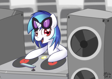 blue_hair eyewear female feral glasses hair horn looking_at_viewer multicolored_hair record record_player solo speaker turntable_(decks) two_tone_hair bukoya friendship_is_magic hasbro my_little_pony mythology vinyl_scratch_(mlp) equid equine mammal mythological_creature mythological_equine unicorn