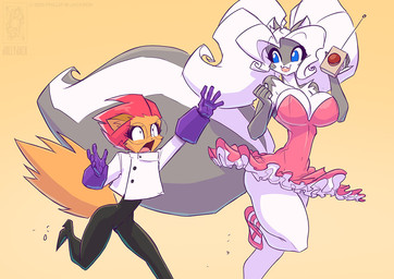 angry anthro big_breasts black_eyes blue_eyes breasts clothed clothing controller cosplay dress duo eyewear female fully_clothed fur glasses gloves grey_body grey_fur hair handwear open_mouth pink_hair remote_control running simple_background tan_body tan_fur white_body white_fur white_hair yellow_background conditional_dnp jollyjack cartoon_network dexter's_laboratory chloe_sinclaire dee_dee maxine_maxine domestic_cat felid feline felis mammal mephitid skunk 2025