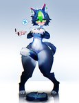 anthro blue_body blue_fur blue_hair blush bodily_fluids bottomless bottomwear breasts claws clothed clothing female female_anthro fur green_eyes green_hair hair hand_on_breast holding_breast inner_ear_fluff kemono long_tail multicolored_hair navel removed_bottomwear removed_clothing short_hair shorts solo standing sweat sweatdrop tail thick_thighs tuft white_body white_fur white_hair wide_hips utterangle domestic_cat felid feline felis mammal digital_media_(artwork)