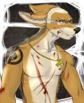 anthro blood bodily_fluids eyewear fangs glasses jewelry male necklace nude scar solo tattoo teeth grungecandy james_(the-jackal) canid canine mammal