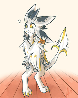 3_fingers 3_toes anthro bread claws feathers feet fingers food fur grey_body grey_fur male paws question_mark simple_background solo toes white_body white_fur yellow_body yellow_eyes yellow_fur mutsomuno avali 2023 absurd_res hi_res