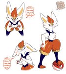 2019 absurd_res ambiguous_gender anthro bodily_fluids breasts cinderace crotch_tuft dialogue duo english_text featureless_breasts female fur gametimeasia generation_1_pokemon generation_8_pokemon hi_res innuendo lagomorph looking_at_viewer mammal nintendo nude one_eye_closed pokeball pokemon pokemon_(species) shocked simple_background sweat talking_to_viewer text tuft voltorb white_background white_body white_fur