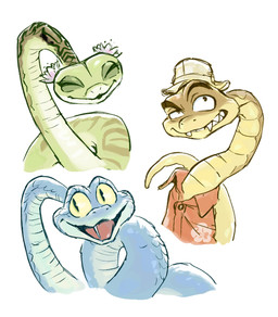 aloha_shirt blue_body blue_scales brown_body brown_scales clothed clothing fangs female feral flower_on_head green_body green_scales group hat headgear headwear male pattern_clothing pattern_shirt pattern_topwear red_clothing red_shirt red_topwear scales shirt simple_background smile teeth topwear trio white_background yellow_eyes jjojjo110110 disney dreamworks kung_fu_panda the_bad_guys zootopia gary_de'snake master_viper mr._snake_(the_bad_guys) pit_viper python reptile scalie snake viper 2026 digital_media_(artwork) hi_res