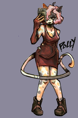 anthro bedroom_eyes boots breasts cleavage clothed clothing dress ear_piercing electronics female fingerless_gloves footwear gloves hair handwear jewelry markings mole_(marking) mole_on_breast mole_under_eye mole_under_mouth narrowed_eyes necklace phone piercing pink_hair seductive shoes short_hair solo tail bbravaa polly_(bbravaa) felid mammal 2:3 hi_res