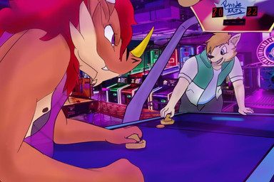 air_hockey anthro arcade blue_eyes clothing duo facial_horn fangs fur hair horn male nose_horn orange_body photo_background purple_eyes scoreboard shirt tan_body tan_fur tank_top teeth topwear translucent translucent_clothing translucent_shirt translucent_tank_top translucent_topwear rhode_arts mythology canid dragon mammal mythological_creature mythological_scalie scalie 2022 photography_(artwork) signature