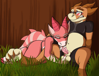 anthro ball_fondling balls bite biting_lip biting_own_lip blush bodily_fluids bottomwear claws clothed clothing cum cum_in_mouth cum_inside duo ejaculation erection eyes_closed eyewear feet fellatio female fingers fondling genital_fluids genitals glasses grass hand_on_balls horn humanoid_genitalia lying male male/female male_penetrating nude on_top_of_another on_top_of_belly oral oral_penetration outside pants penetration penile penis plant scales self_bite sex shirt simple_background tail toes topwear watchit porky kobold lizard reptile scalie digital_media_(artwork) hi_res